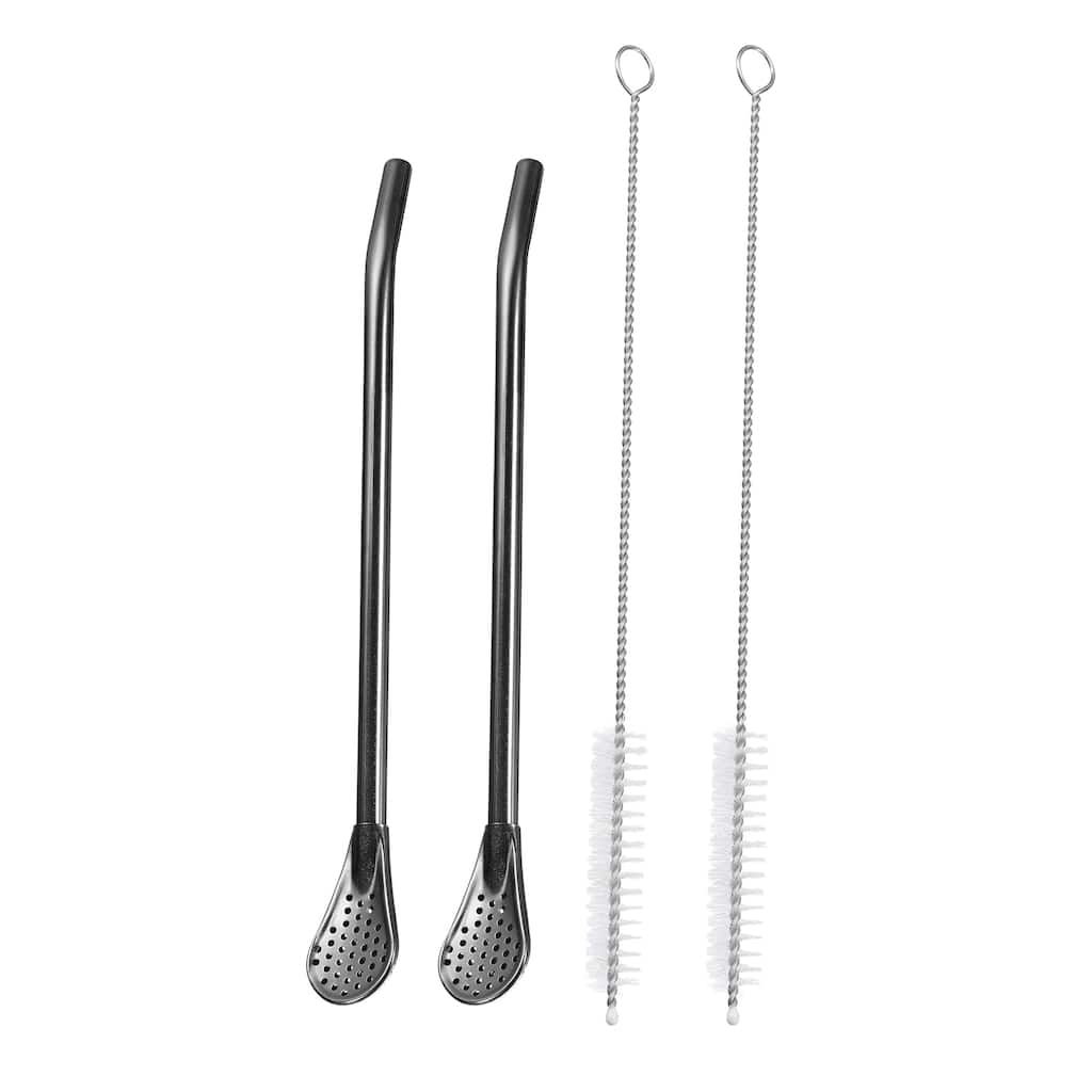 2Pcs 7.1" Stainless Steel Straws Spoons with Filter 2 Cleaning Brushes