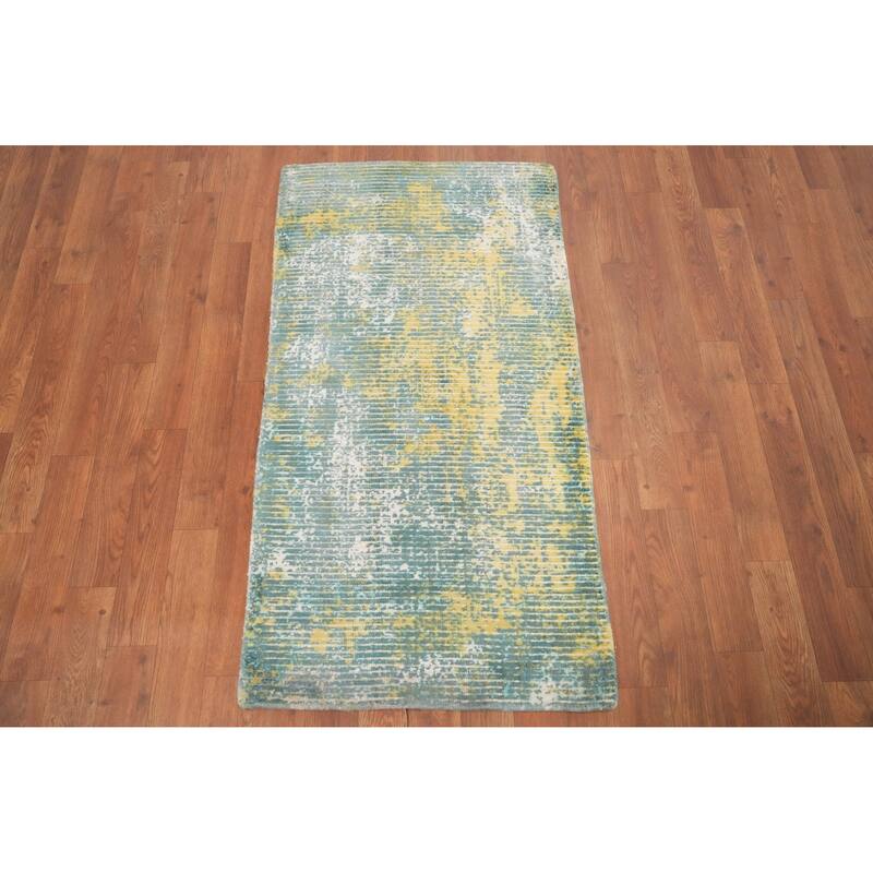 Hand Knotted Oriental Viscose Silk Carpet Modern All-Over Green Abstract Area Rug - 4' 0'' X 2' 0''