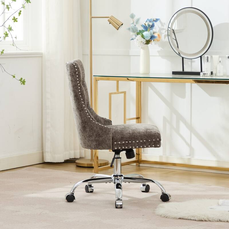 Modern Chenille Upholstered Tufted Button Office Chair with Metal Base, Adjustable Desk Chair Swivel Office Chair, Gray
