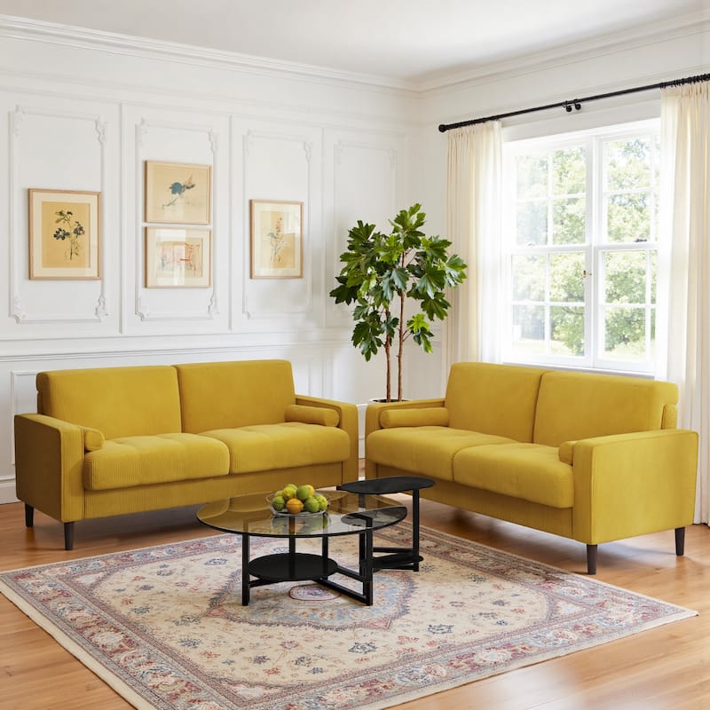 Modern Corduroy Upholstered Loveseat with Bolster Pillows and Wood Legs - Yellow/2 set