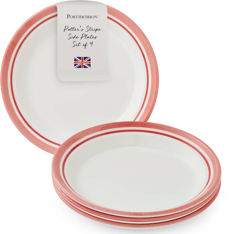 Portmeirion Set of 4 Potters Stripe Salad Plates - 8" D x 1" H - Red