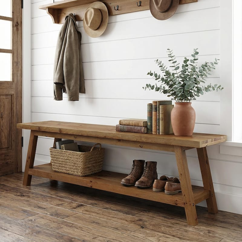 Solid Wood Shoe Bench with 2-tier Storage