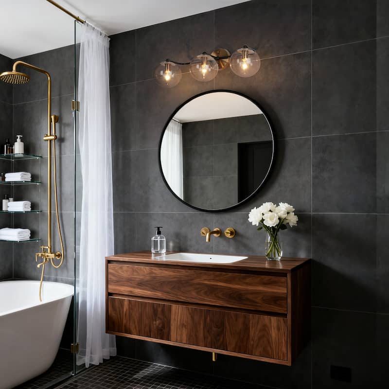 Mid-Century Modern 3-Light Black Gold Bathroom Vanity Light Globe Glass Wall Sconces - 24.5" L x 7.5" W x 8" H