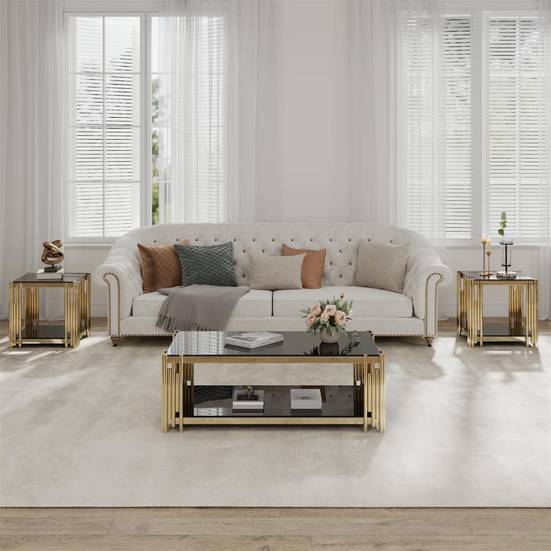 48" Wide Rectangular Coffee Table with Black Tempered Glass Top