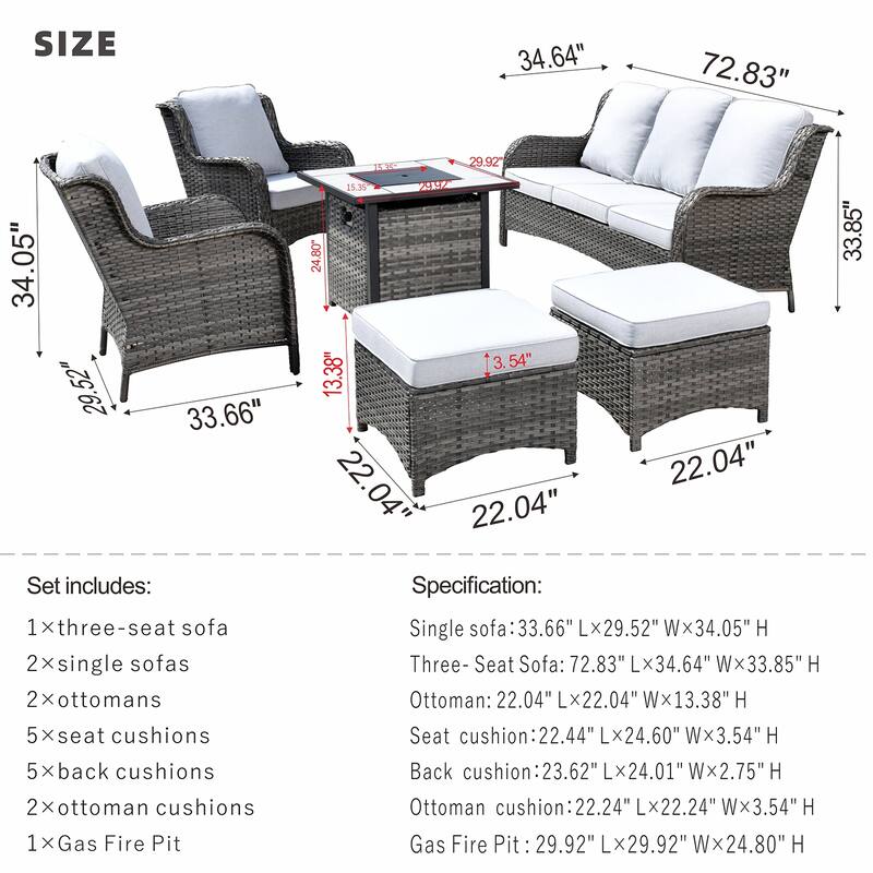 OVIOS Grey Wicker 6-piece Patio Furniture Set With 30" Fire Pit