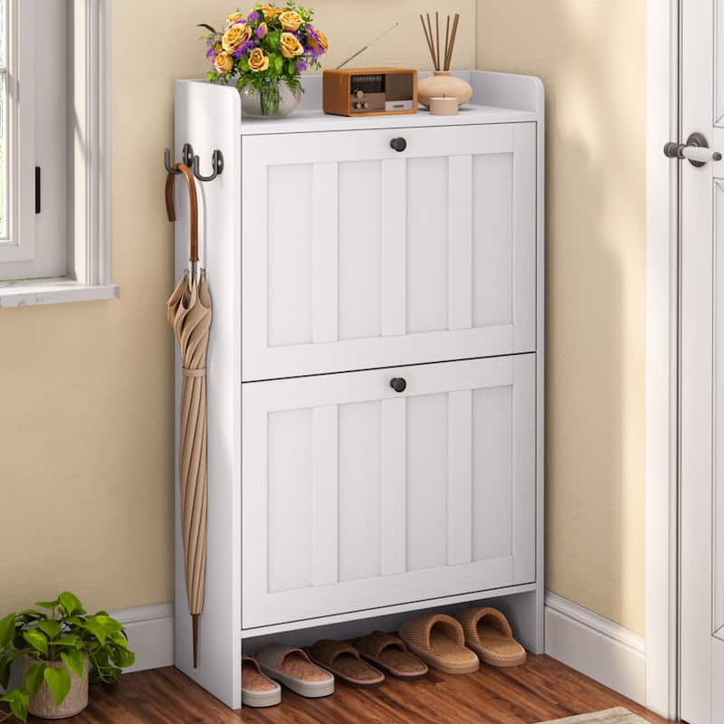 Shoe Cabinet with Flip Drawers, Slim Shoe Storage Cabinet for Entryway, Freestanding Narrow Rack with Open Storage