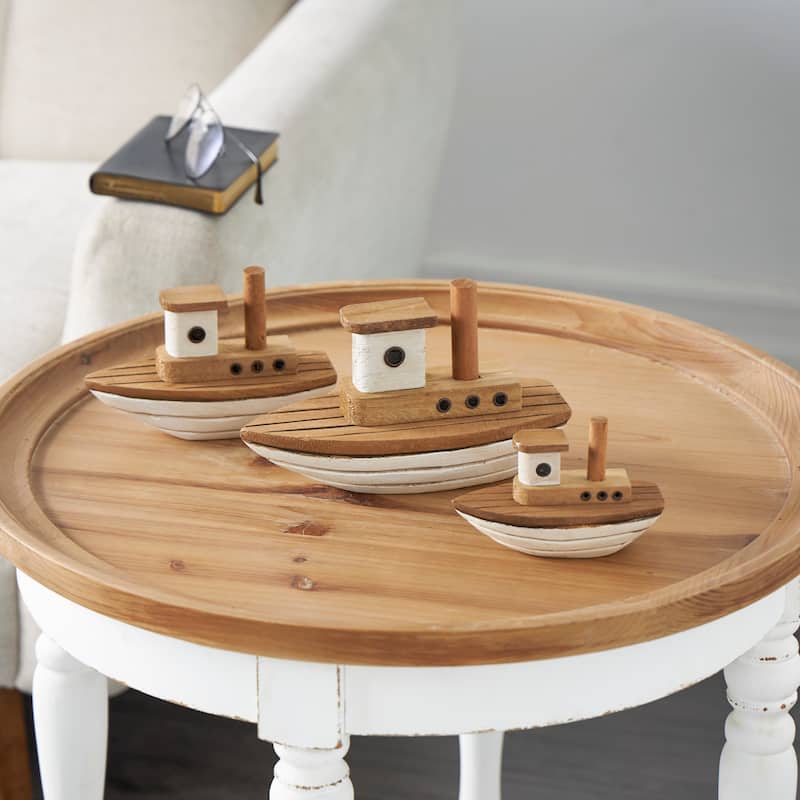 Wood Boat Handmade Sculpture with White Accents - Set of 3 Brown - Roche River Decor - 4"W x 9"L x 6"H