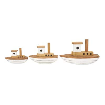 Wood Boat Handmade Sculpture with White Accents - Set of 3 Brown - Roche River Decor - 4"W x 9"L x 6"H