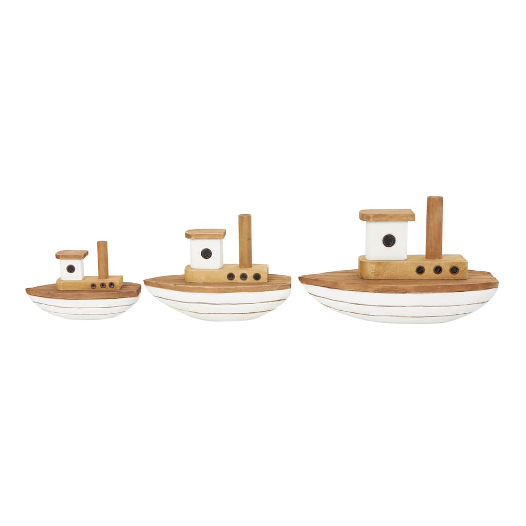 Wood Boat Handmade Sculpture with White Accents - Set of 3 Brown - Roche River Decor - 4"W x 9"L x 6"H