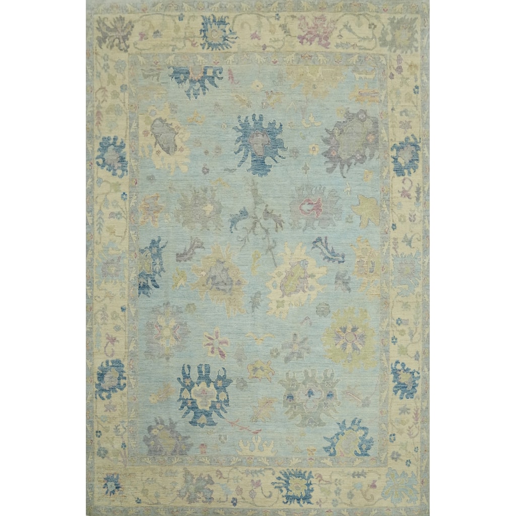 Handmade Blue Oushak Vegetable Dye Area Rug, Floral Geometric Carpet - 10' 3'' X 7' 11''