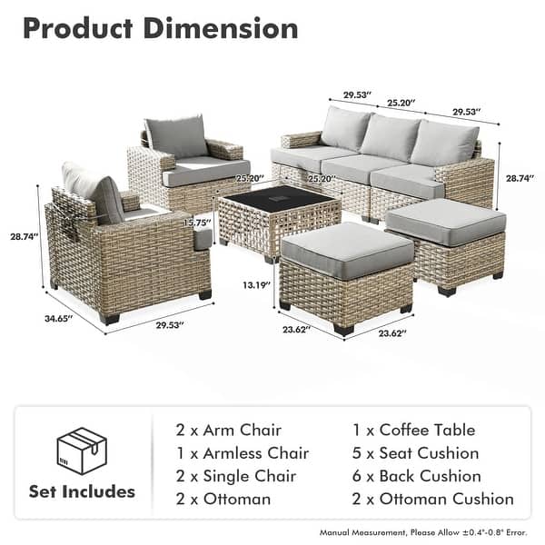 dimension image slide 6 of 8, XIZZI 8-Piece Patio Wicker Furniture Conversation Set with Coffee Table