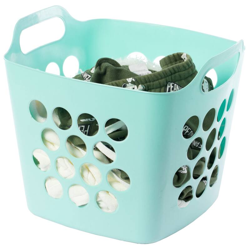 Flexible Plastic Laundry Basket - Square Storage Hamper with Side Handles for Easy Carrying - 28 Litter - Green