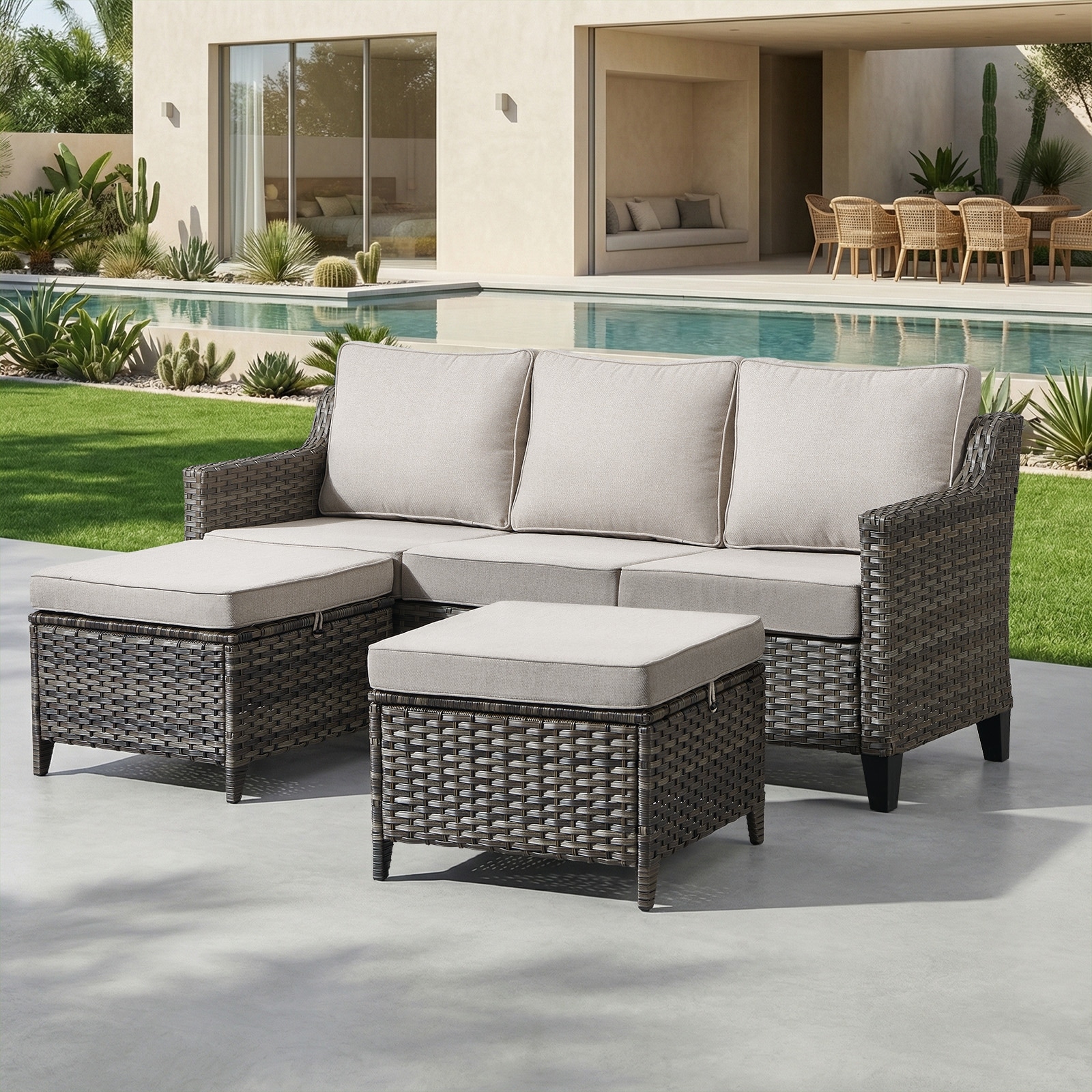 Meyreso Gray Wicker 3-Seat Patio Sofa with 4-Inch Thick Cushions and ottomans