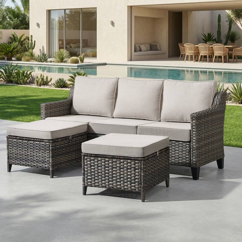 Meyreso Gray Wicker 3-Seat Patio Sofa with 4-Inch Thick Cushions and ottomans - Beige