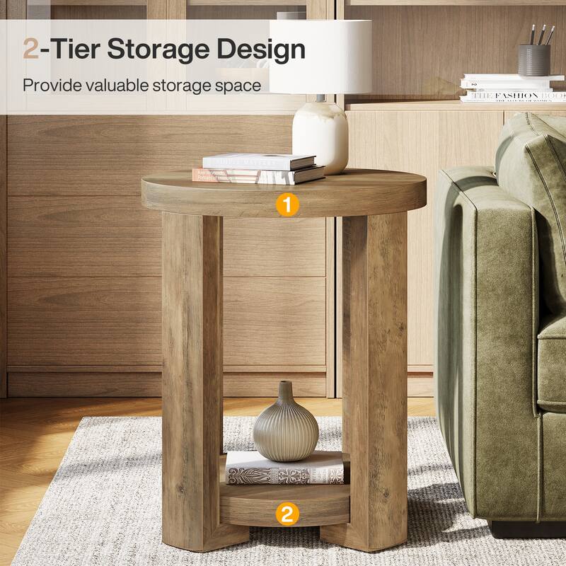 2-Tier Round End Table, Side Accent Snack Table, Living Room Bedroom Bedside Nightstand Furniture