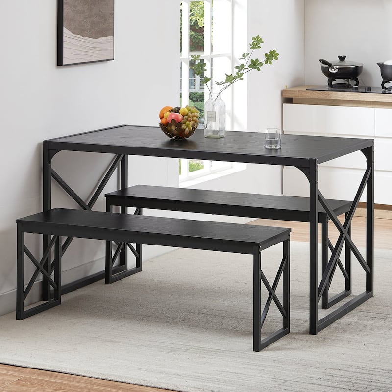 Javlergo 3-Piece Dining Table Set, 43"/55" Modern Wood Table Top Dining Table Set with Bench - 55" - Black