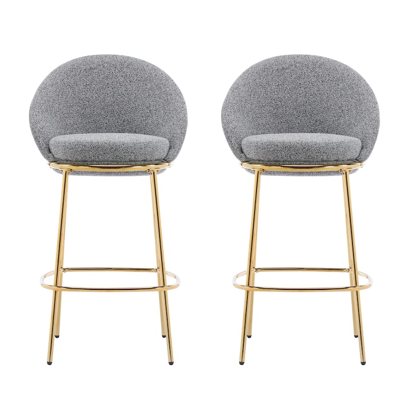 Celano Indoor Metal Upholstered Barstool, Gold-Plated Frame and Mixed Gray Upholstery, Set of 2