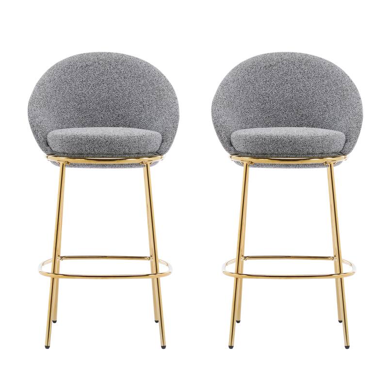 Ergonomic Accent Chairs Grey Upholstered Bar Stools Set of 2 with Half-moon Backrest, Circular Padded Seat and Gold-Plated Frame