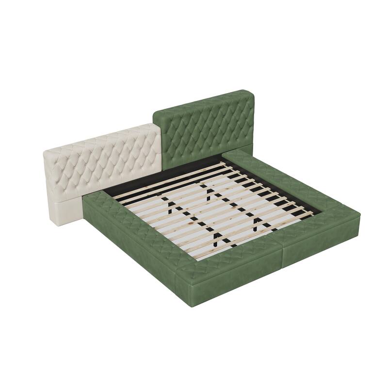 King Size Special-shaped Fully Upholstered Platform Bed with Deep Button Tufting and Storage