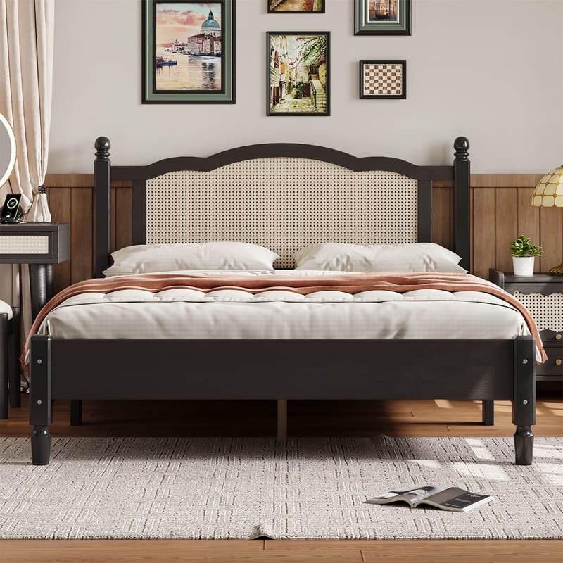 Vintage Style Wooden Platform Bed with Natural Rattan Headboard, Full/Queen Size Bed Frame with Wooden Slats Support