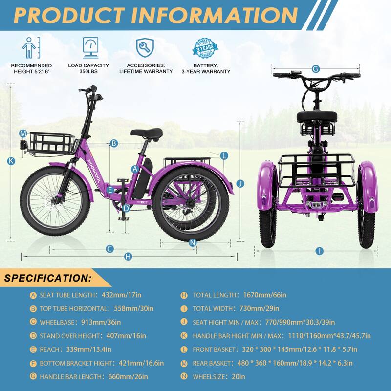 DoCred Electric Folding Tricycle for Adult with Front and Rear Baskets
