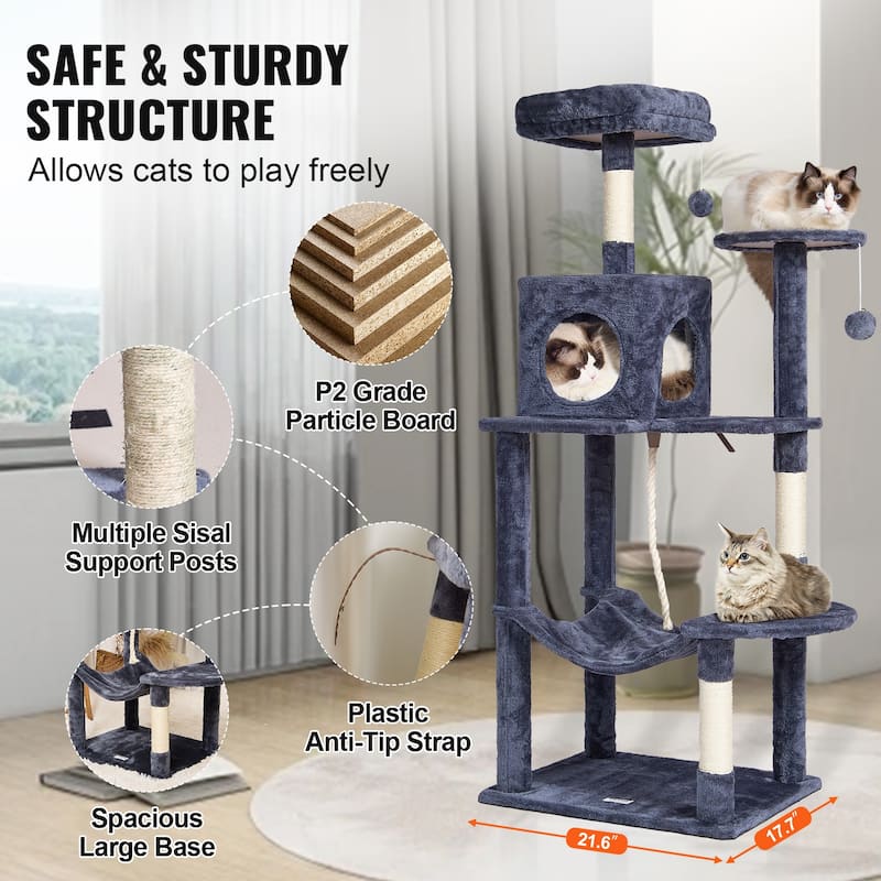 Cat Tree for Indoor Cats, 56.2" Cat Tower with Cat Condo, Sisal Scratching Post, Hammock, Top Perch, Jumping Platforms
