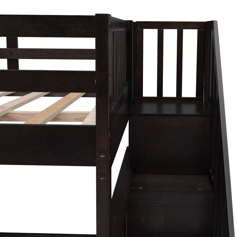 Full-Over-Full Bunk Bed with Storage Stairs and Guard Rail, Espresso Finish