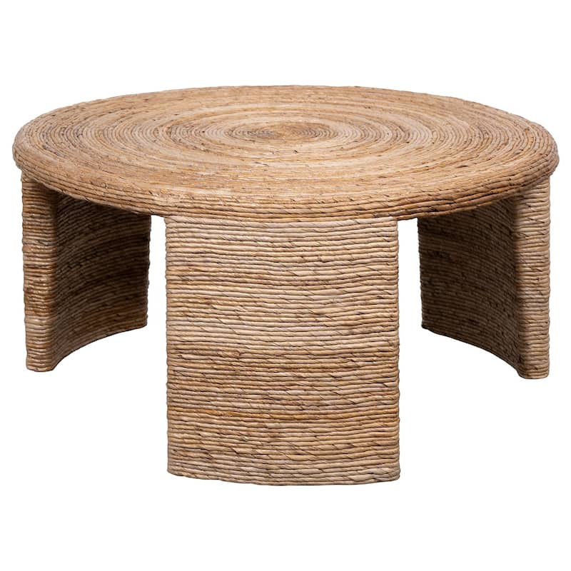 Asha 36 Inch Coffee Table, Round Shaped Top with Natural Rattan Wrapping
