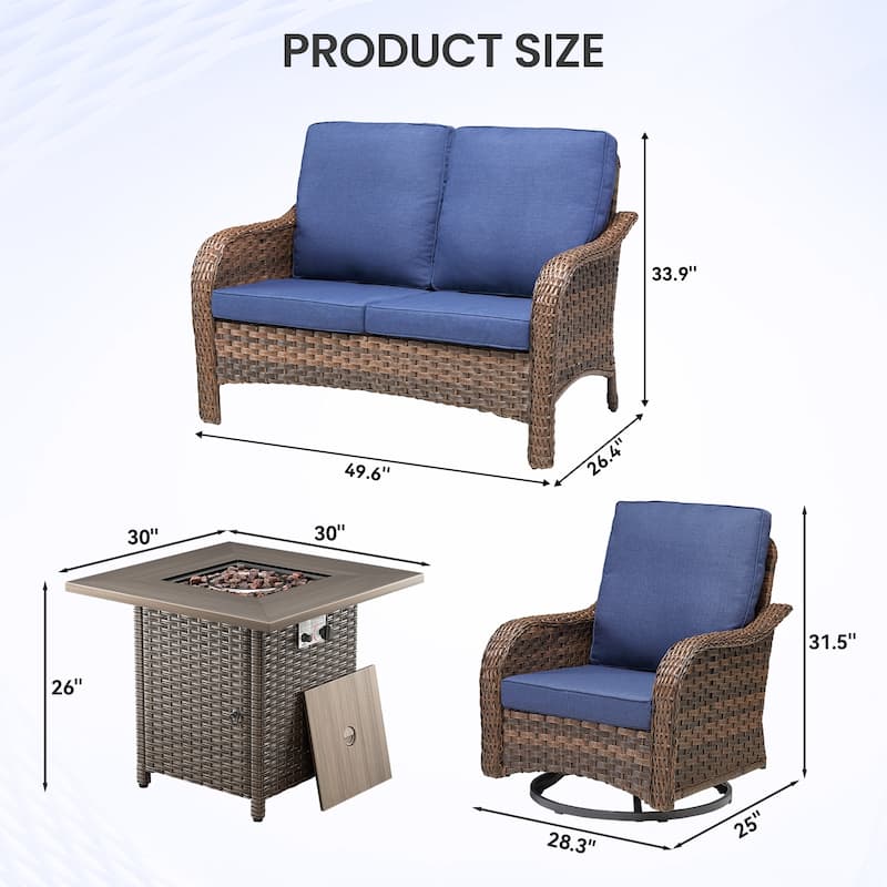 Pocassy Patio Loveseat Swivel Chair with Fire Table Set