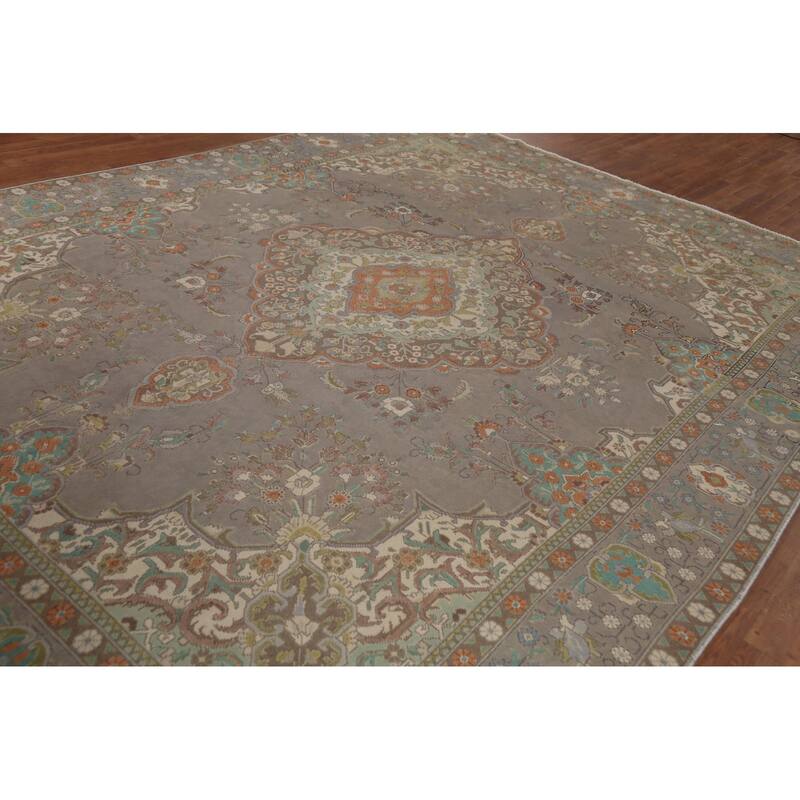 Gray Distressed Tabriz Persian Vintage Area Rug Handmade Wool Carpet - 9'7"x 13'0"