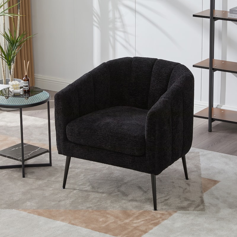 29.9" Upholstered Chenille Vanity Barrel Accent Chair with Metal Legs, Channel Tufted Lounge Chair Round Leisure Armchair