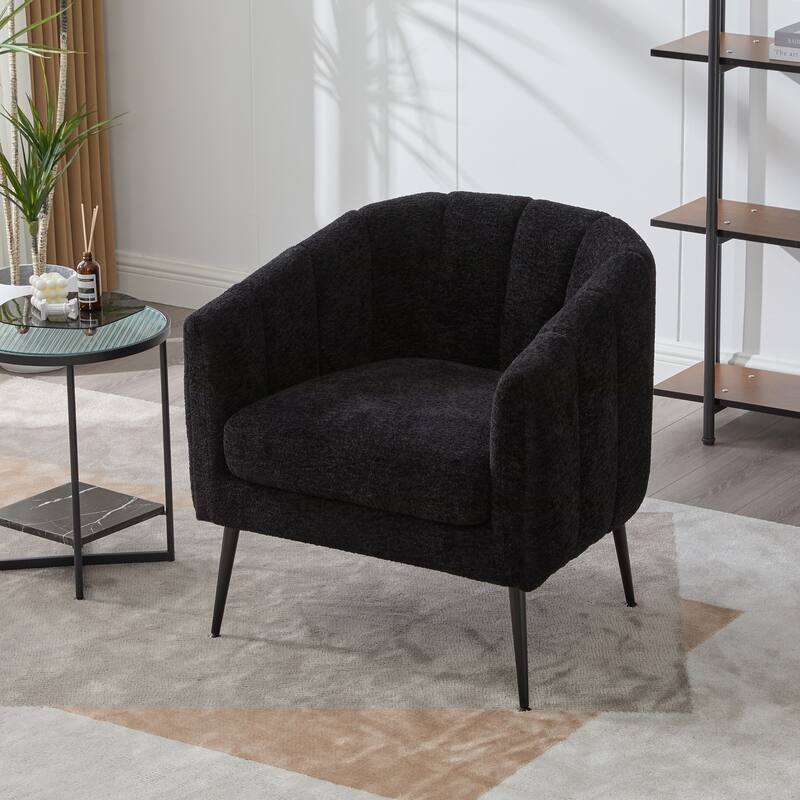 Roomfitters Chenille Barrel Accent Chair, Channel Tufted Vanity Lounge Armchair with Metal Legs for Living Room or Bedroom