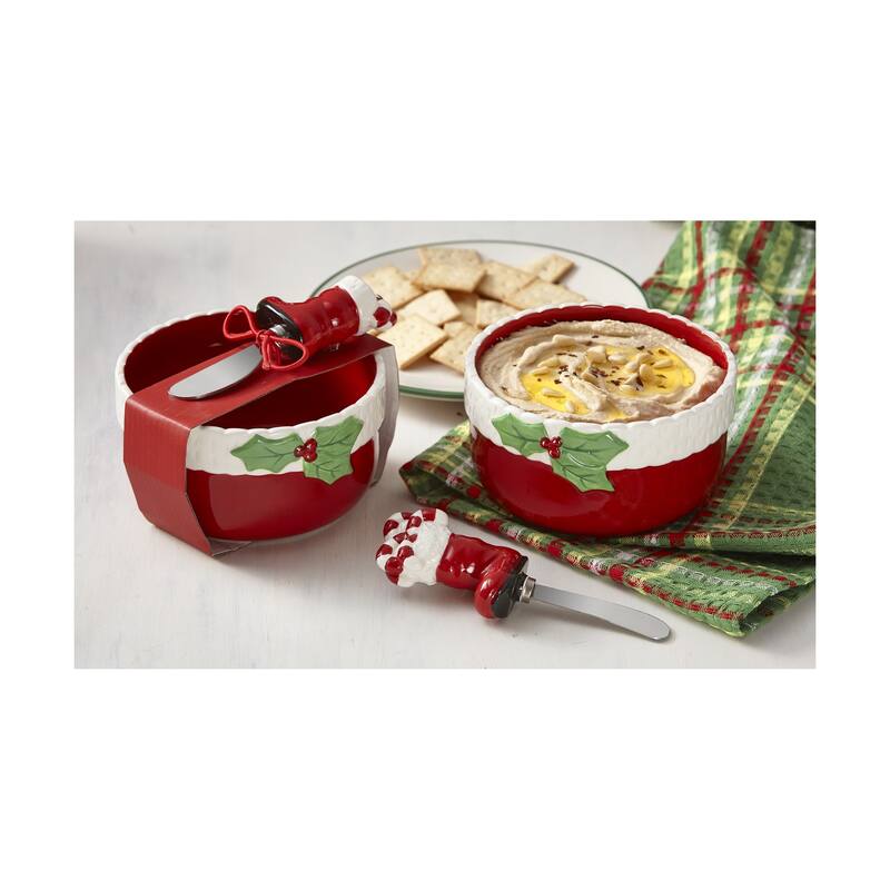 Tis The Season Ceramic Bowl & Spreader Set - 24oz Christmas Serving Bowl & Cheese Knife Set, Multicolor, Dishwasher Safe