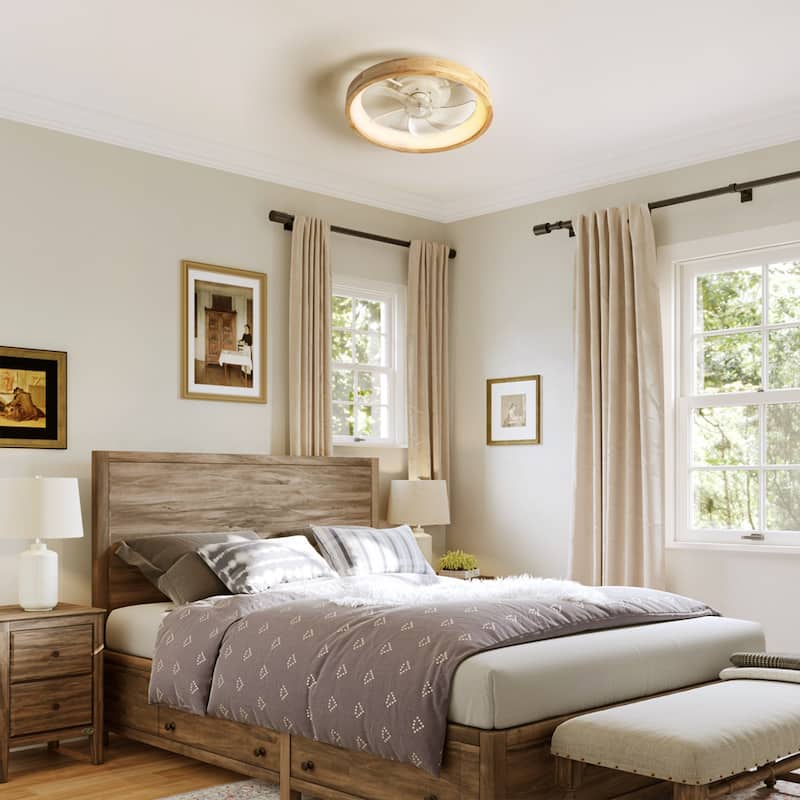 19.7" Modern Flush Mount Ceiling Fan with LED Light and Remote Control, Wooden Finish for Bedroom/Living Room - 5
