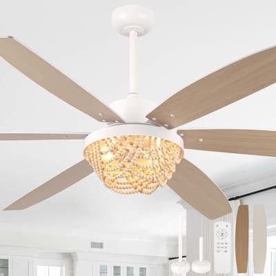 Cusp Barn 65" Boho White Ceiling Fan with Light and Remote, Farmhouse 6-Speed Wood Beaded Chandelier Ceiling Fan for Large Room