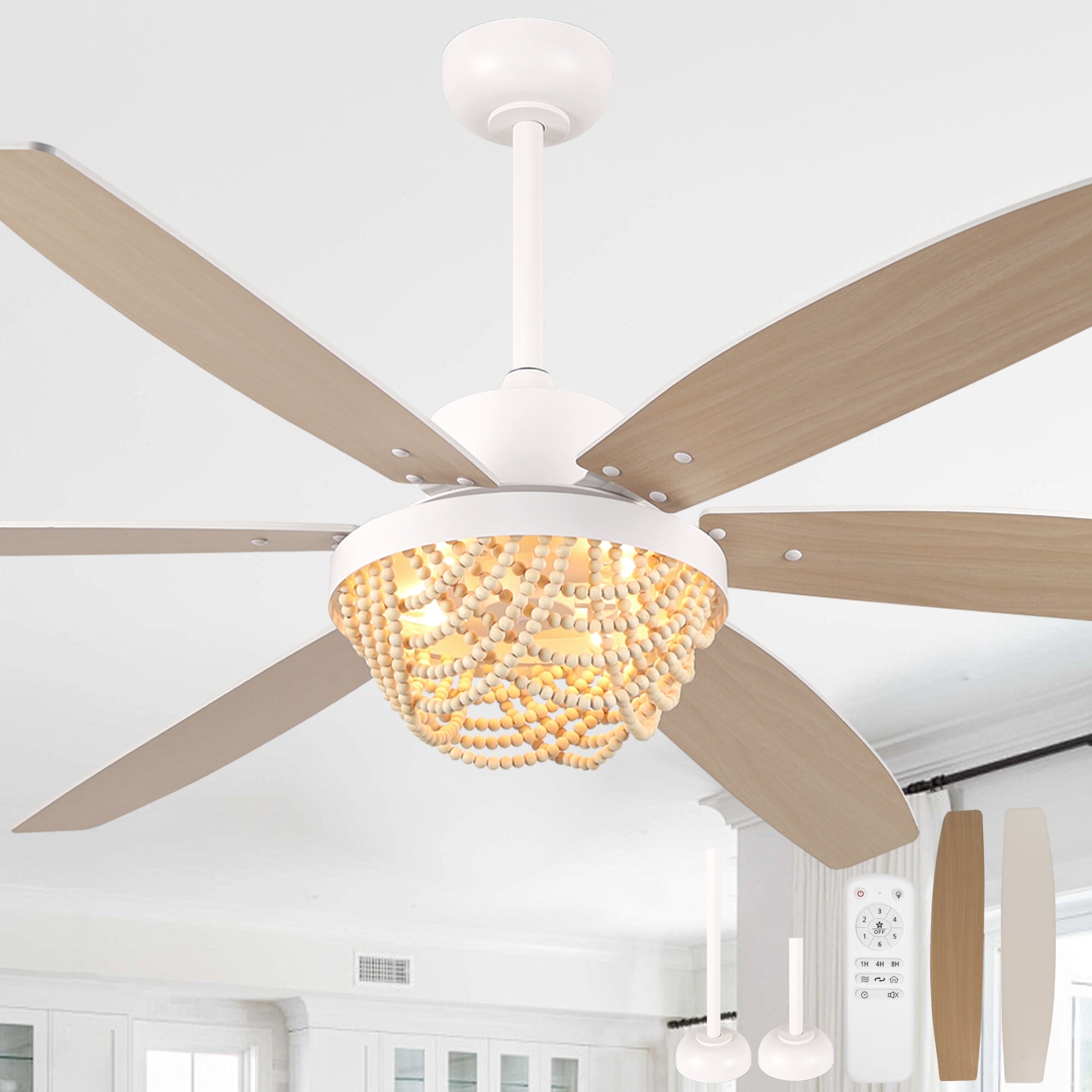 Cusp Barn 65" Boho White Ceiling Fan with Light and Remote, Farmhouse 6-Speed Wood Beaded Chandelier Ceiling Fan for Large Room