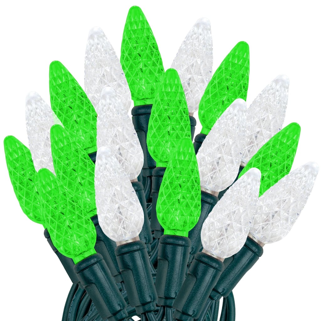 70 Light C6 LED Christmas Mini Light Set, Green/Pure White, Green Wire, 24 Feet - Large