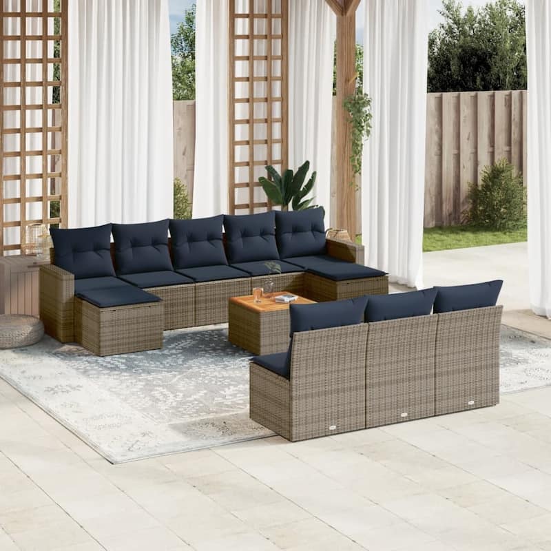 vidaXL 11 Piece Patio Sofa Set with Cushions Grey Poly Rattan - 21.7" x 24.4" x 27.2" - Grey
