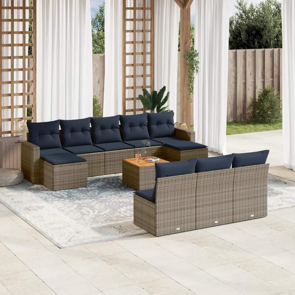 vidaXL 11 Piece Patio Sofa Set with Cushions Grey Poly Rattan - 21.7" x 24.4" x 27.2"