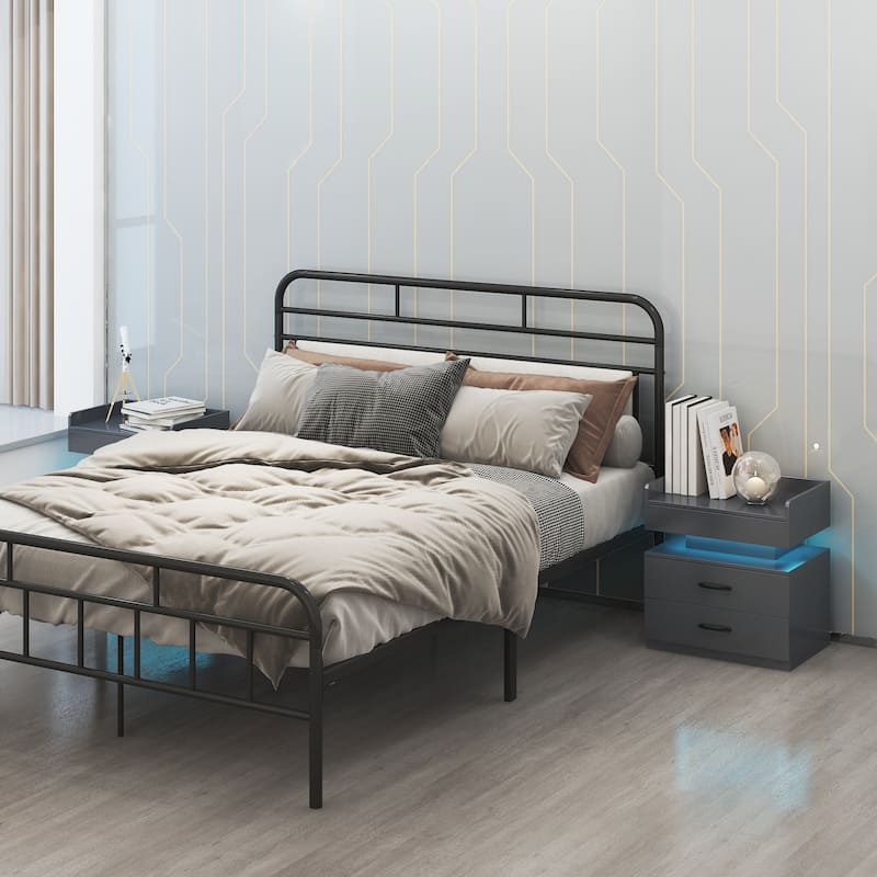 1 Set Nightstand with Adjustable LED Strip Light, 2-Drawers, Large Storage Space