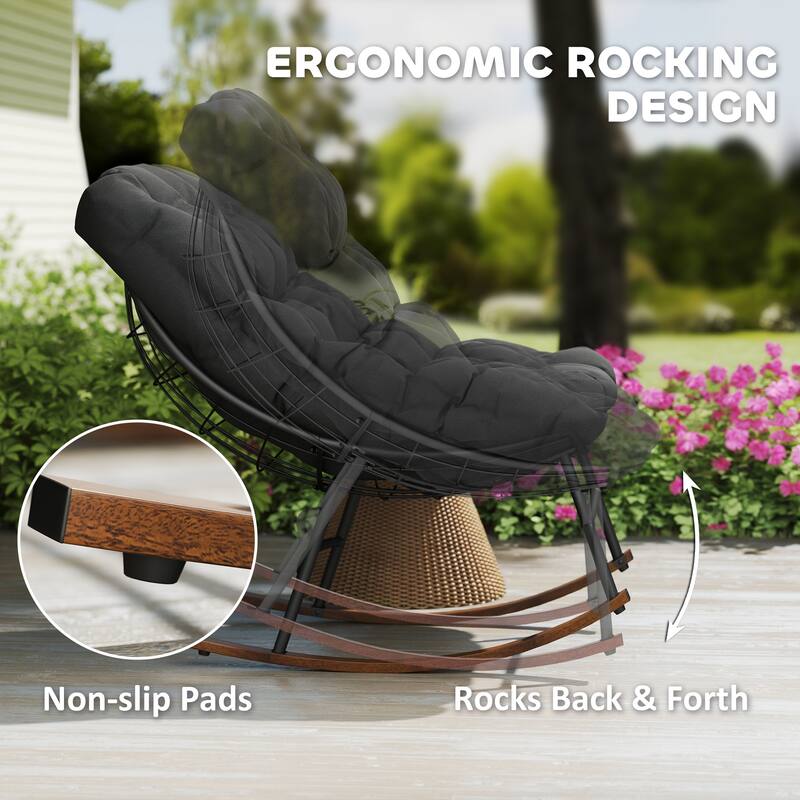 Steel Rocking Chairs with Cushions Woodgrain Base Indoor Outdoor Set of 2 - 36.6" W x 39.8" D x 30.7" H
