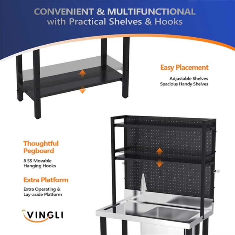 Single Bowl 304 Stainless Steel Sink Kitchen with Drainboard & Shelves