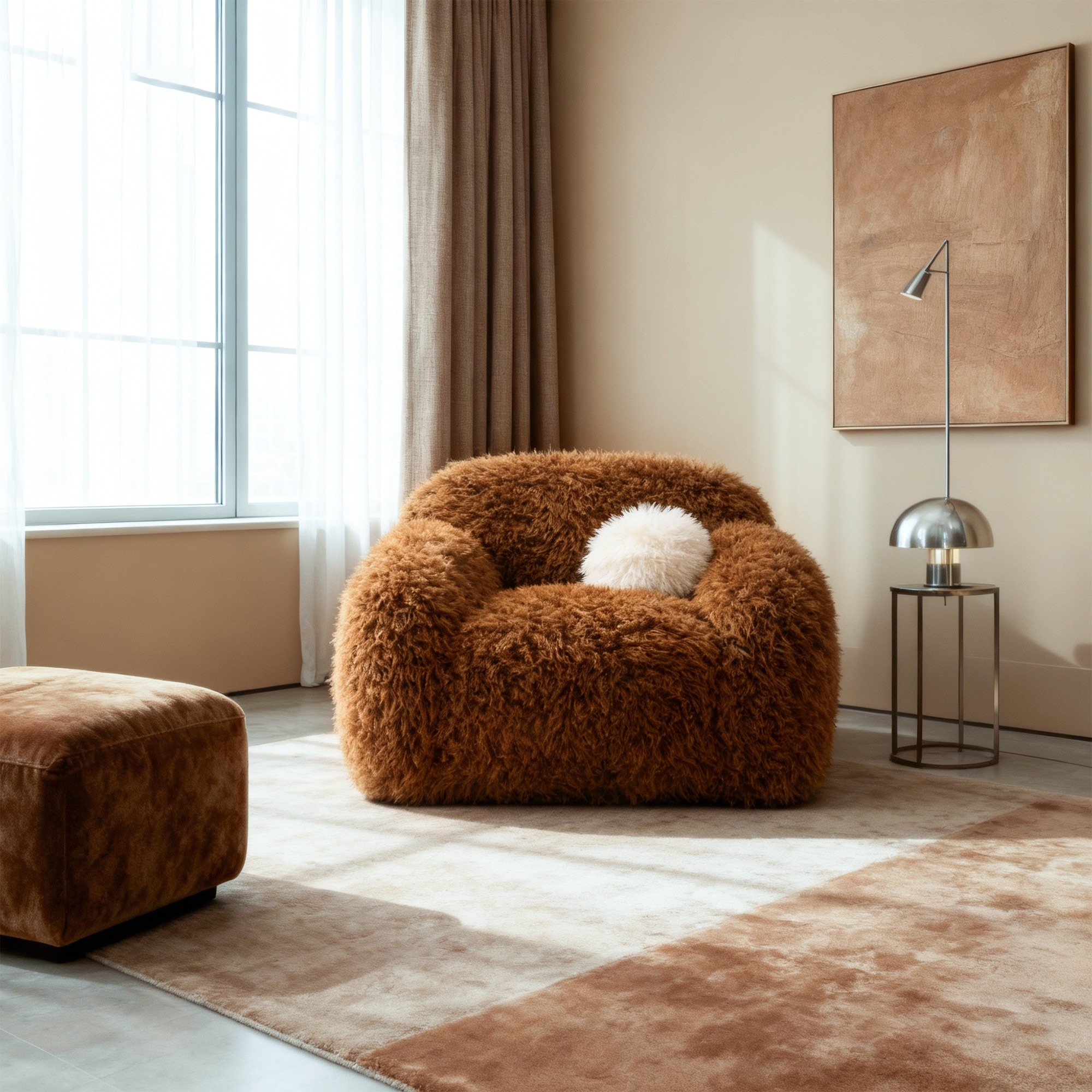 43.3" Modern Camel Brown Long Pile Upholstered Swivel Accent Arm Chair with Ball Pillows - 43.3" D x 38.8" W x 31.5" H