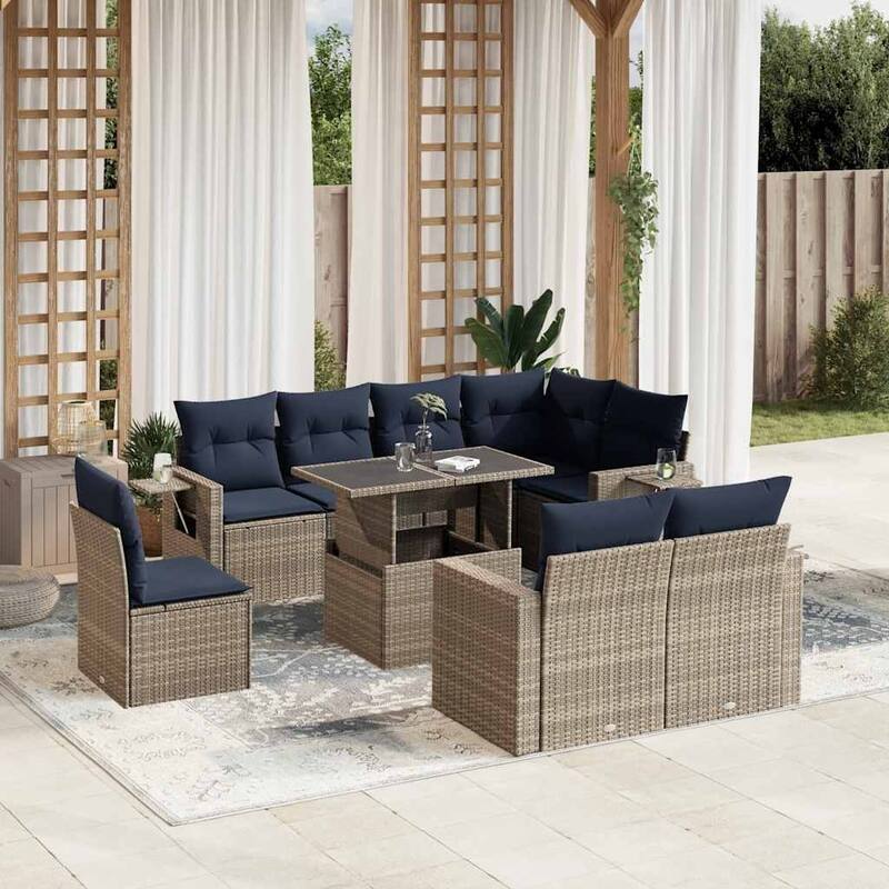 vidaXL Patio Sofa Set with Cushions Table and Couches 6/9 Piece Poly Rattan - 24.4 x 24.4 x 27.2 - Gray without storage