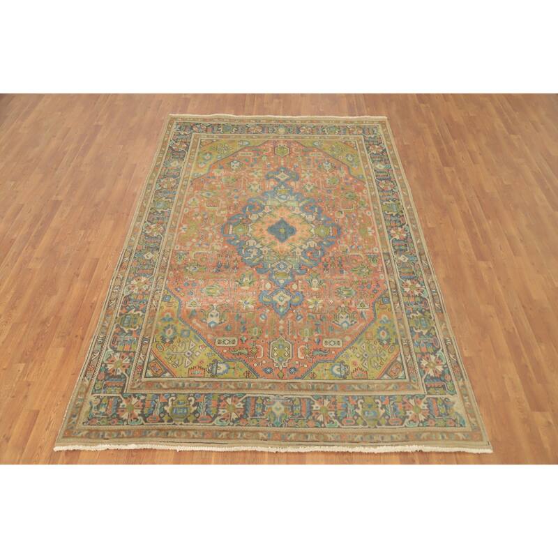 Hand Knotted Oriental 100% Wool Carpet Traditional Floral Coral Tabriz Area Rug - 9' 5'' X 6' 3''