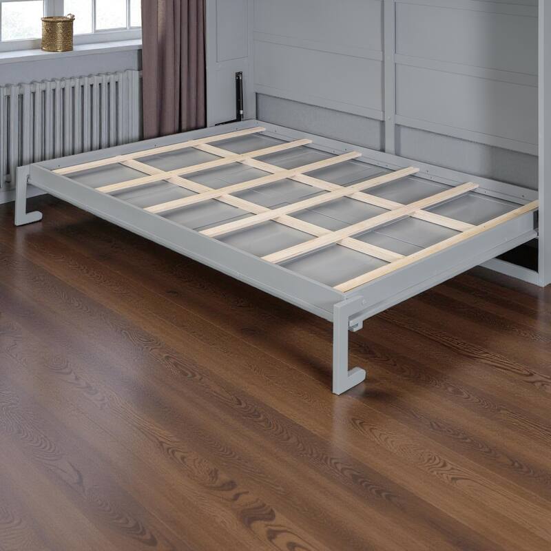 Full/Queen Size Murphy Wall Bed with Cabinet, Space-Saving Fold-Out Bed with Slat Support, No Box Spring Needed
