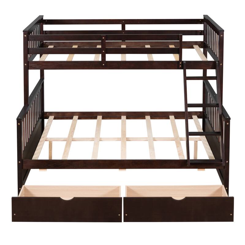 Twin-Over-Full Bunk Bed with Ladders and Two Storage Drawers in Espresso