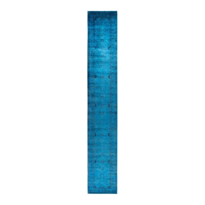 Overton Hand Knotted Wool Vintage Inspired Modern Contemporary Overdyed Blue Runner Rug - 2' 7" x 17' 1"
