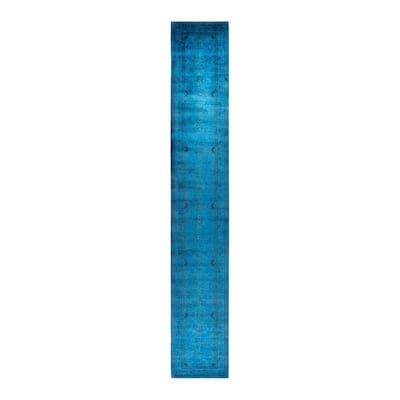 Overton Hand Knotted Wool Vintage Inspired Modern Contemporary Overdyed Blue Runner Rug - 2' 7" x 17' 1"