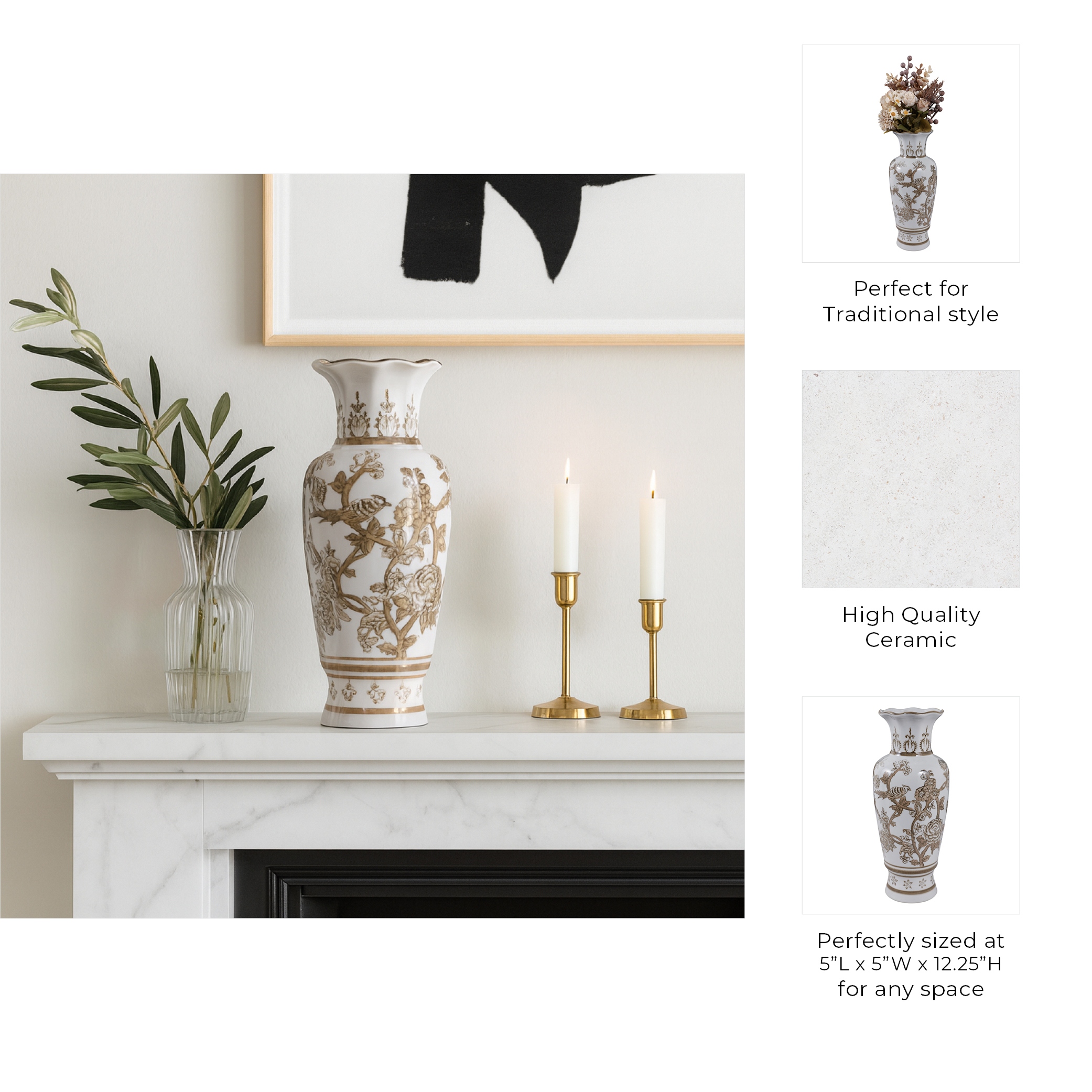 Decorative Bird and Vines Chinoiserie Vase - White & Brown, 13